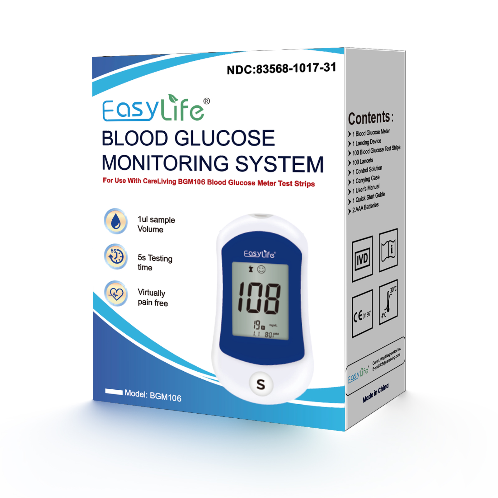 EASYLIFE BGM106 Blood Glucose Monitor Kit Diabetes Testing Kit for Home
